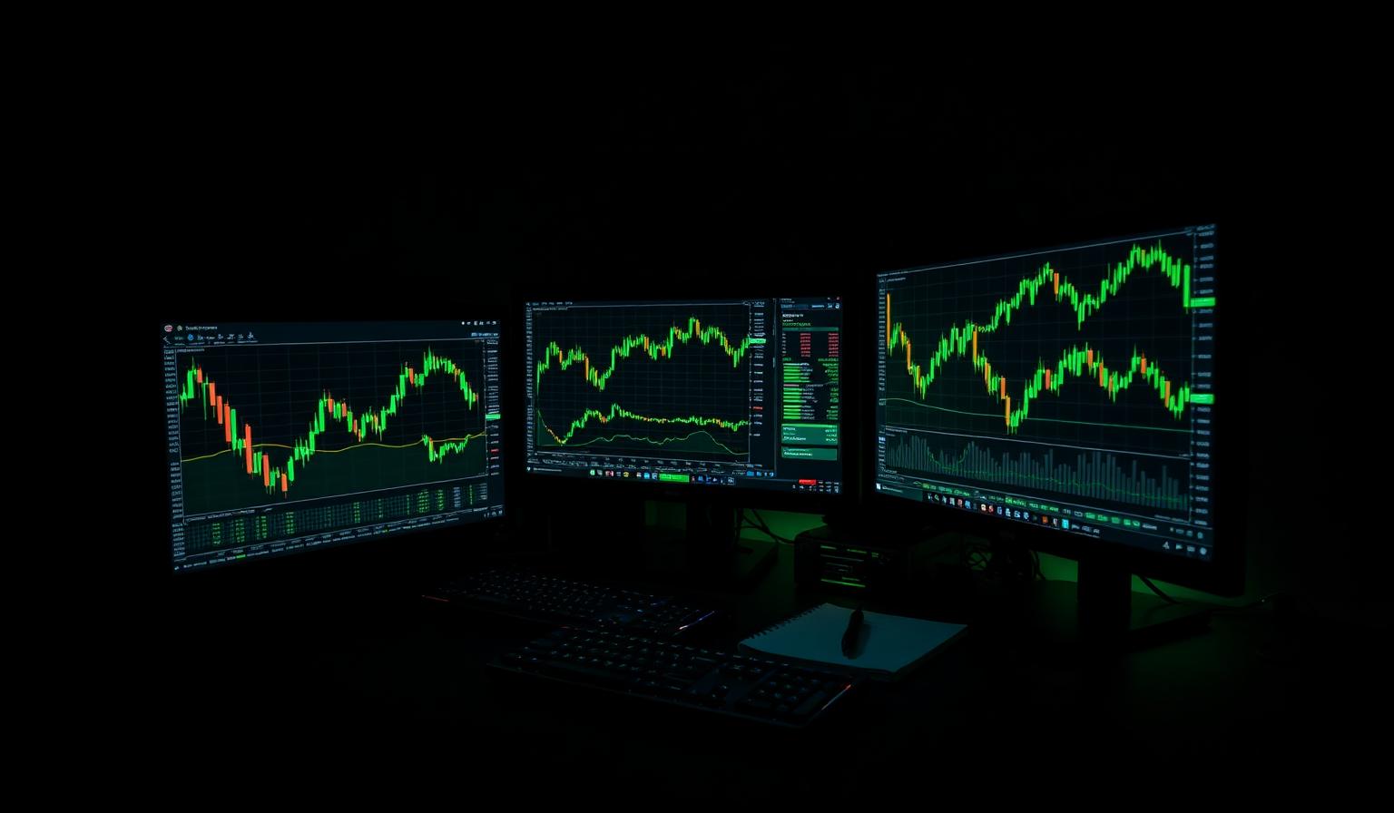 Estação de trabalho de trader profissional com monitores exibindo gráficos de candlestick